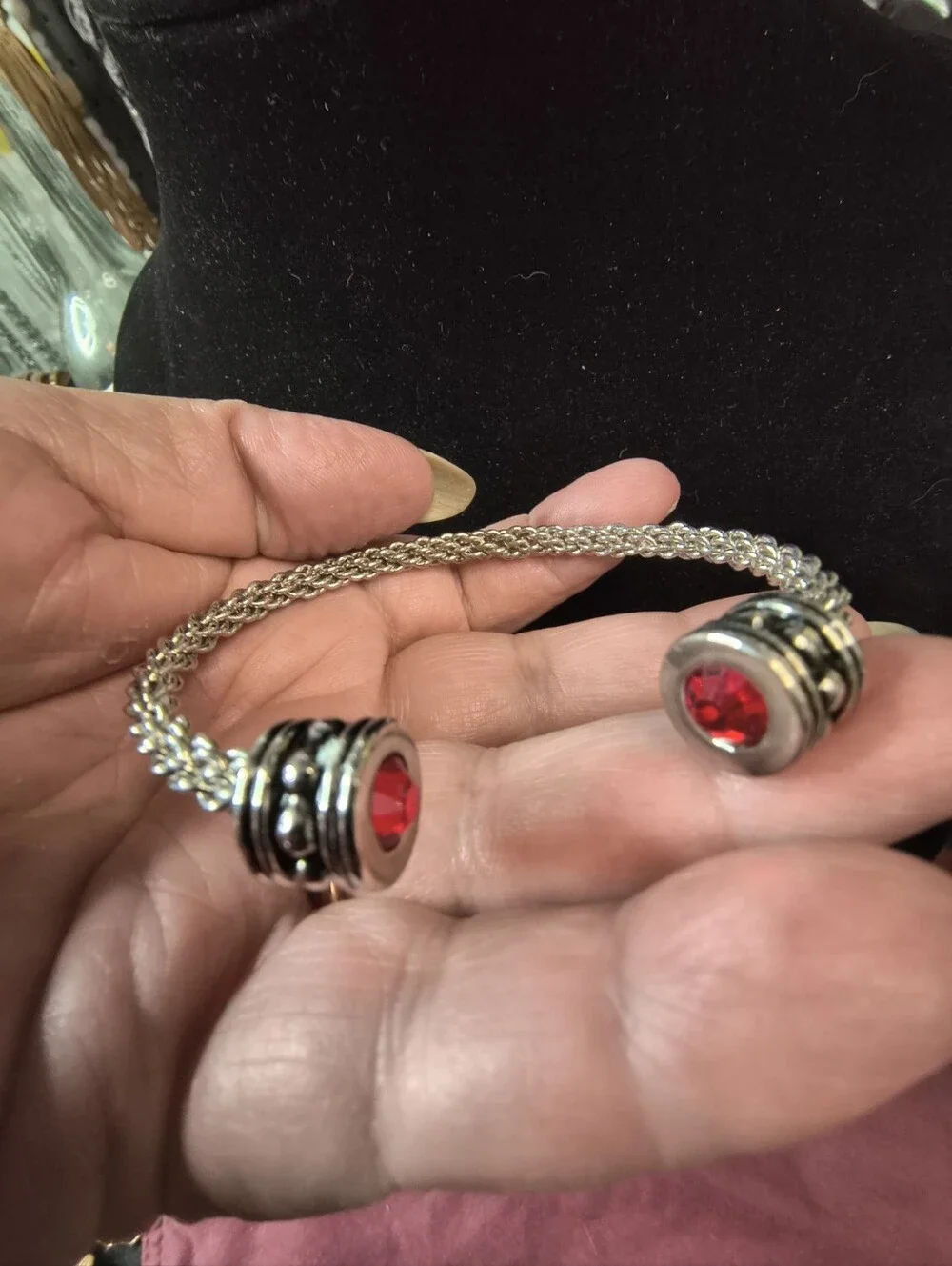 Silver Tone Twisted Cable Cuff Bracelet Red Crystal Accents